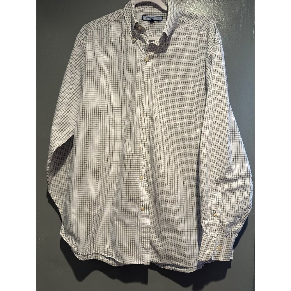 Tommy Hilfiger Shirt Mens size L Blue White Button Up Shirt Preppy gingham Y2K